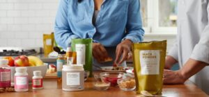 Woman in a blue shirt preparing a healthy meal in a kitchen alongside a man in a white shirt, with fruits, supplements, and powders on the counter